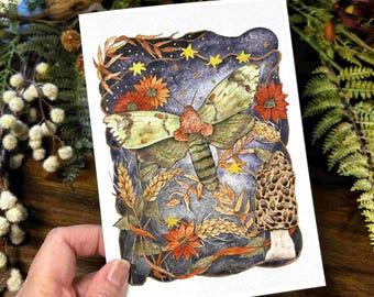 Autumn Moth and Sky Watercolor Art Card: Handmade Greeting Card with Kraft Envelope