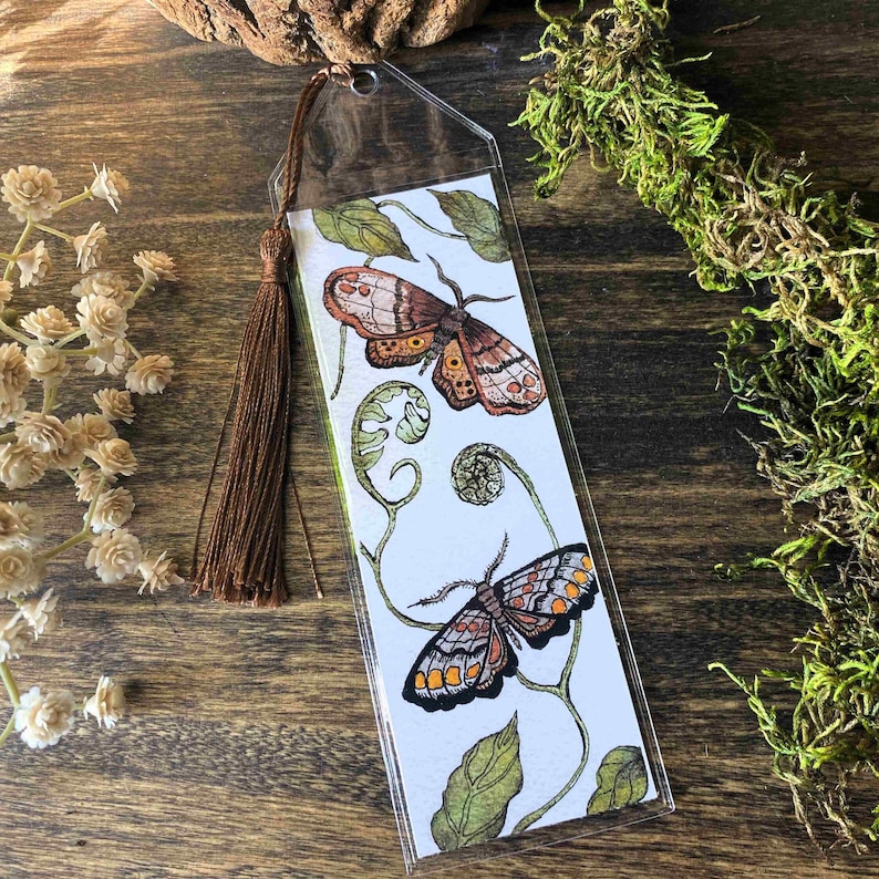 beautiful hand painted watercolor moth bookmark butterfly perfect gift for her bibliophile in protective sleeve with choice of tassel color