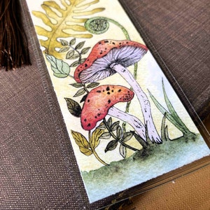 cute handmade watercolor retro vintage style mushroom bookmark in protective sleeve with choice of tassel color