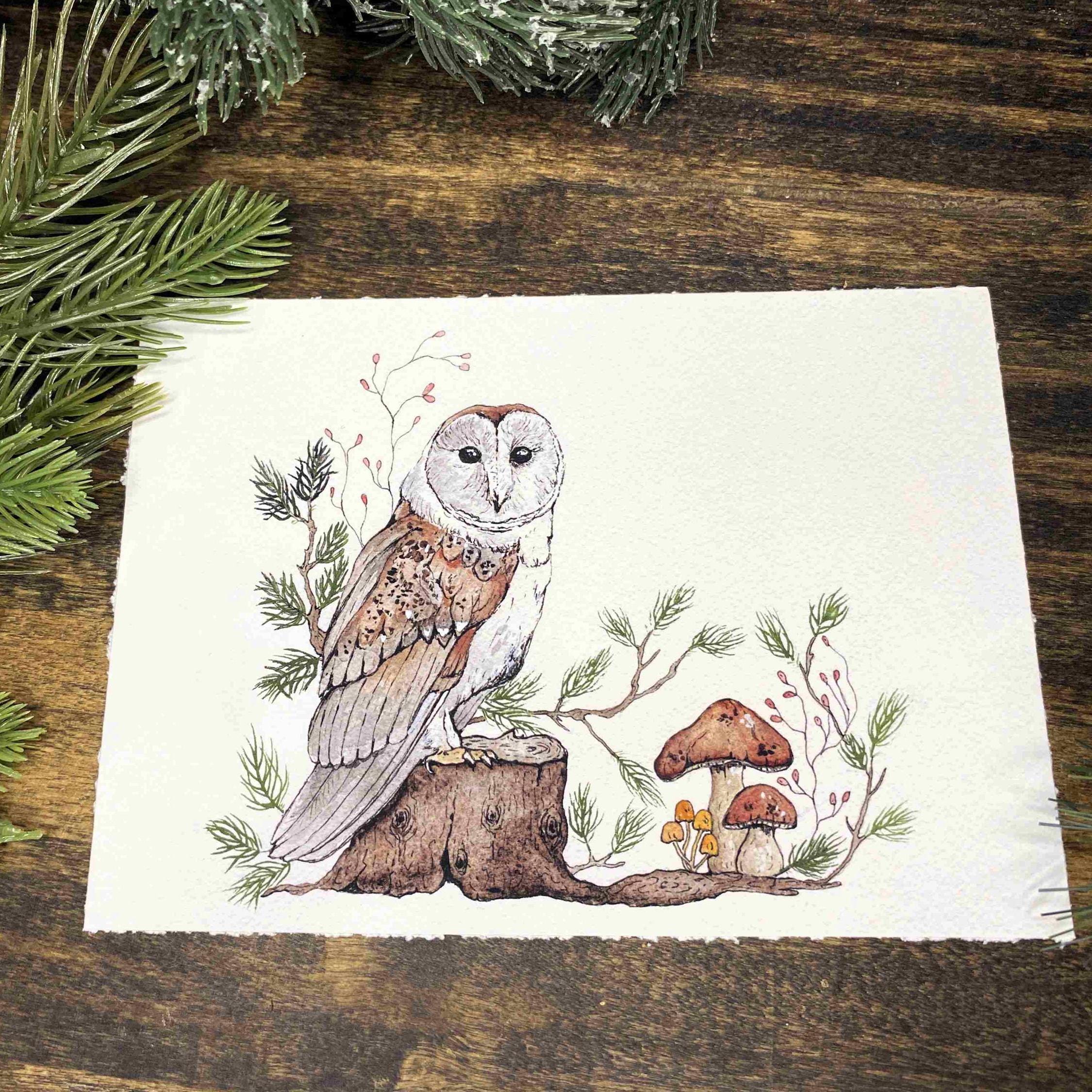 Winter Barn Owl- Winter Wall Decor - Watercolor Fine Art Print