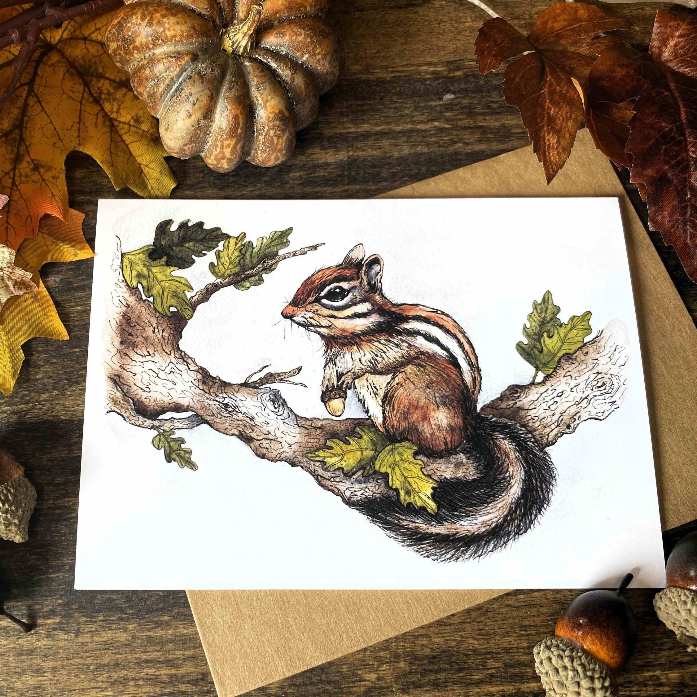 Chipmunk Watercolor Greeting Card: Whimsical Nature Art with Kraft Envelope