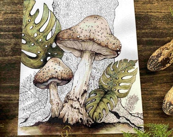 Mushroom Watercolor Art Print: Rustic Forest Core Wall Decor