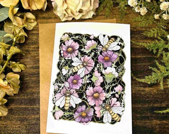 Watercolor Bee & Cosmos Greeting Card: Handmade Botanical Art