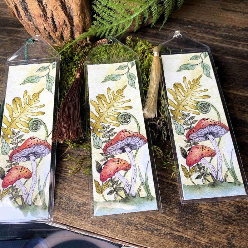 cute handmade watercolor retro vintage style mushroom bookmark in protective sleeve with choice of tassel color
