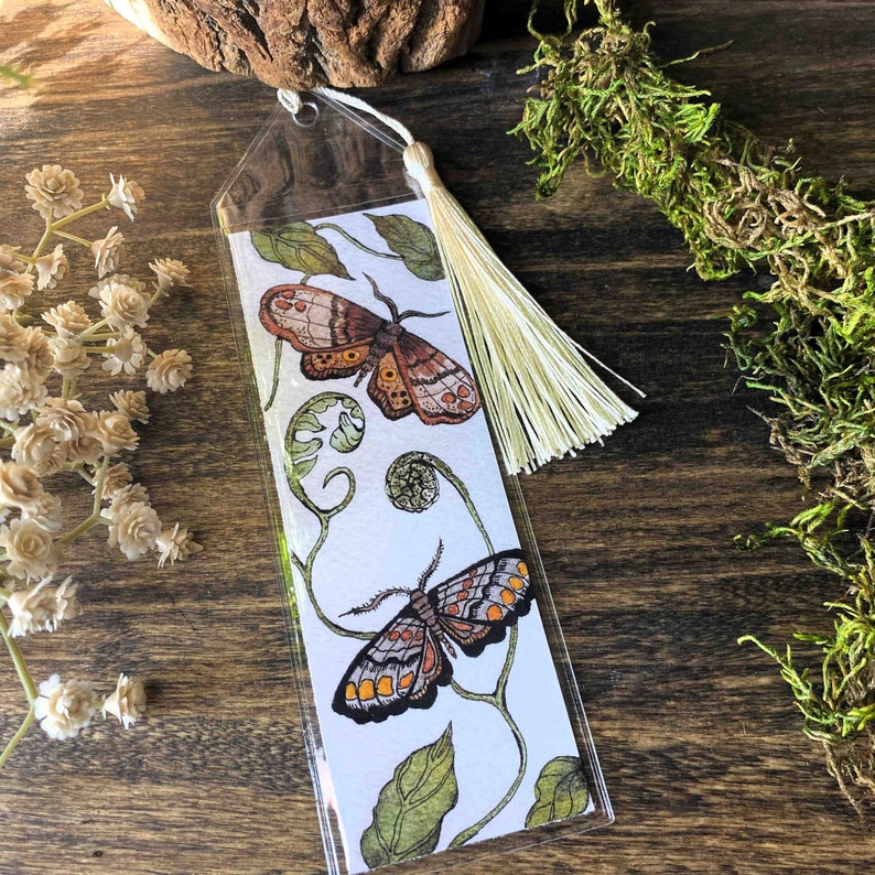 beautiful hand painted watercolor moth bookmark butterfly perfect gift for her bibliophile in protective sleeve with choice of tassel color