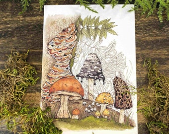 Mushroom Watercolor Art Print: Forest Scene, Nature Lover Gift