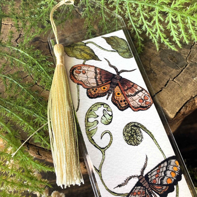 beautiful hand painted watercolor moth bookmark butterfly perfect gift for her bibliophile in protective sleeve with choice of tassel color