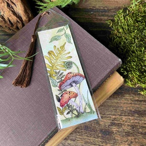 cute handmade watercolor retro vintage style mushroom bookmark in protective sleeve with choice of tassel color