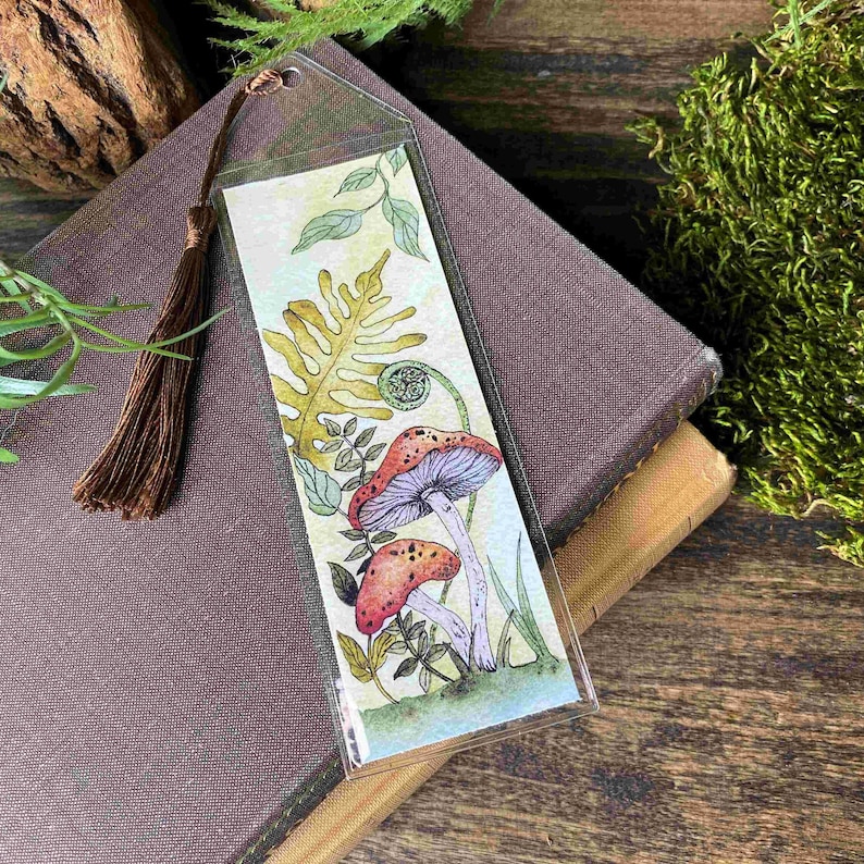 cute handmade watercolor retro vintage style mushroom bookmark in protective sleeve with choice of tassel color