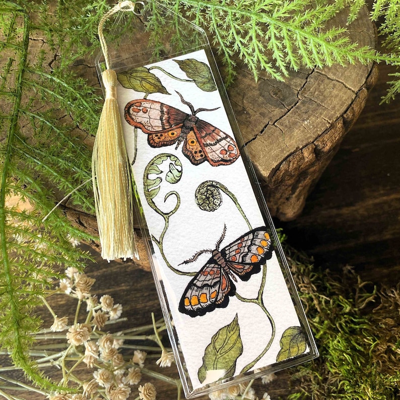 beautiful hand painted watercolor moth bookmark butterfly perfect gift for her bibliophile in protective sleeve with choice of tassel color