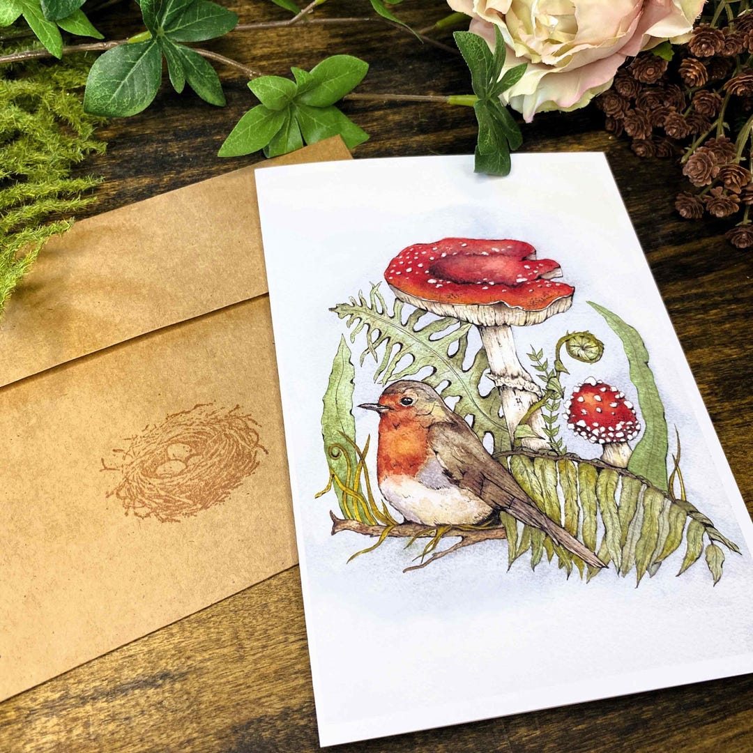 Robin and Mushroom Watercolor Greeting Card: Frameable Forest Art - Etsy