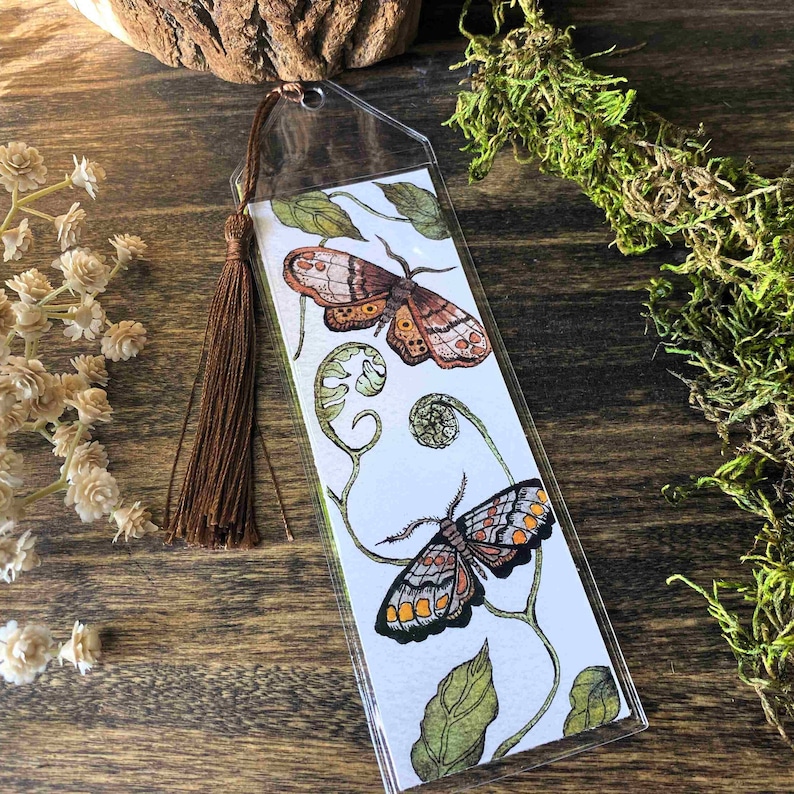 beautiful hand painted watercolor moth bookmark butterfly perfect gift for her bibliophile in protective sleeve with choice of tassel color