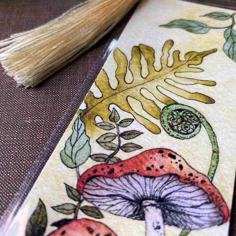 cute handmade watercolor retro vintage style mushroom bookmark in protective sleeve with choice of tassel color