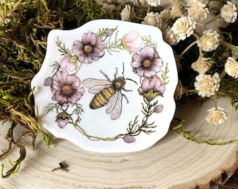 Honey Bee & Cosmos Watercolor Sticker: Waterproof Laptop Decal