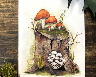 Woodland Mushroom Watercolor Art Print: Enchanted Forest Decor