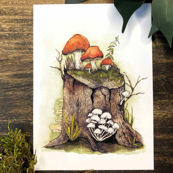 Woodland Mushroom Watercolor Art Print: Enchanted Forest Decor