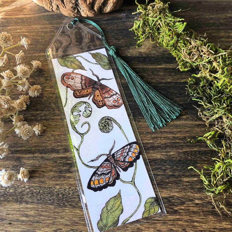 beautiful hand painted watercolor moth bookmark butterfly perfect gift for her bibliophile in protective sleeve with choice of tassel color