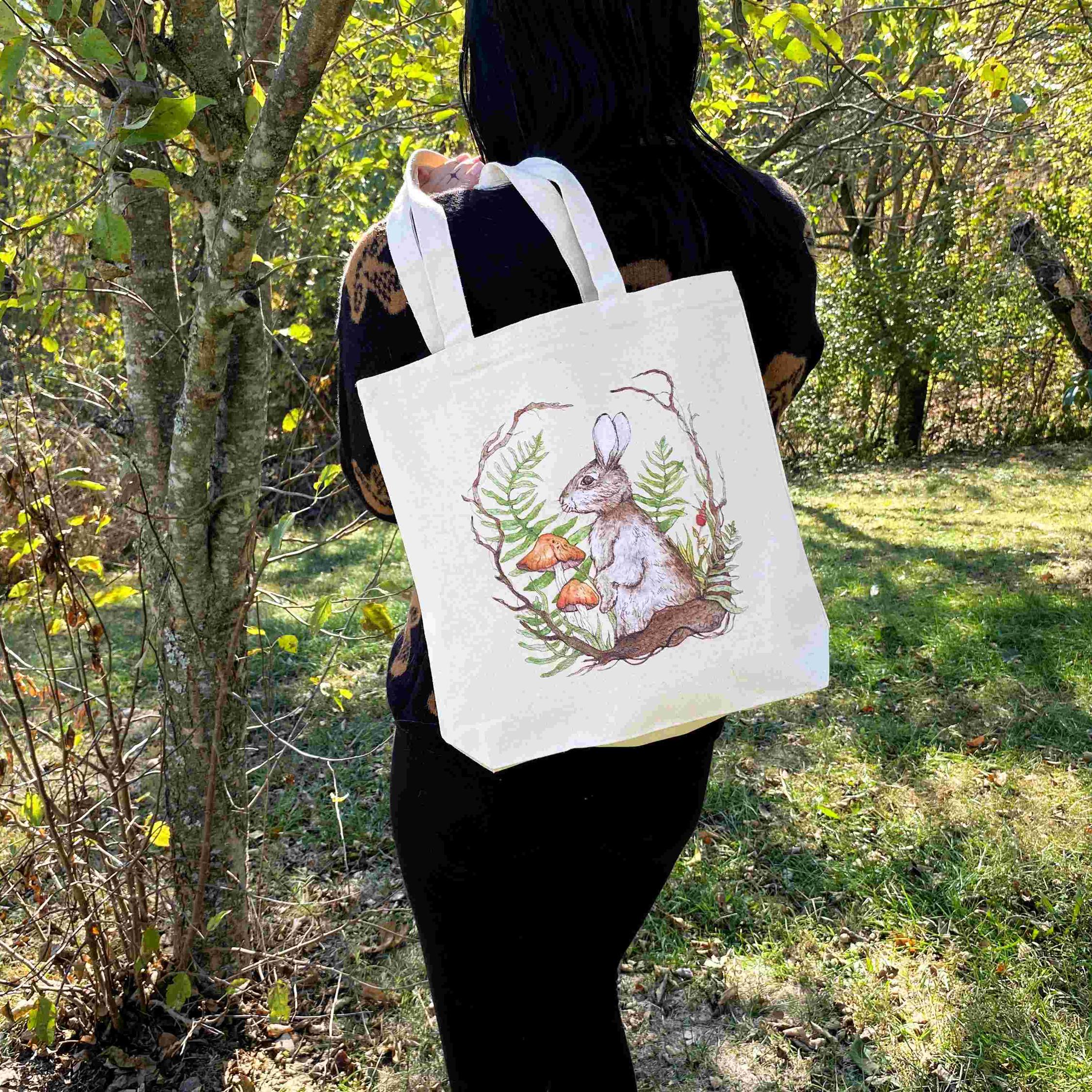 Forest Bunny Rabbit Cotton Canvas Tote - Handcrafted Book Bag - Eco-Friendly Shoulder Carryall - For Nature Lovers -  Unique Gift Idea