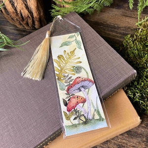 cute handmade watercolor retro vintage style mushroom bookmark in protective sleeve with choice of tassel color