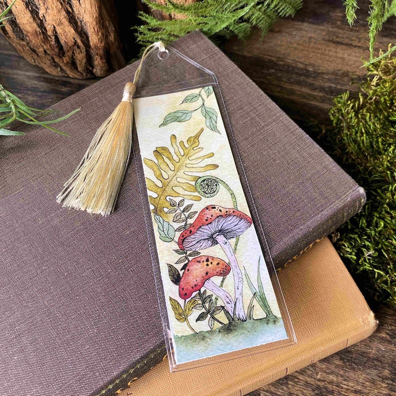 cute handmade watercolor retro vintage style mushroom bookmark in protective sleeve with choice of tassel color