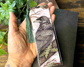 Raven Bookmark: Handmade Watercolor Crow Art - Gift for Book Lovers