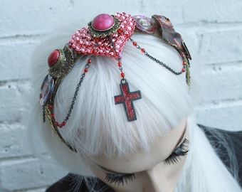 Encrusted Heart Red Cross Chain Headband