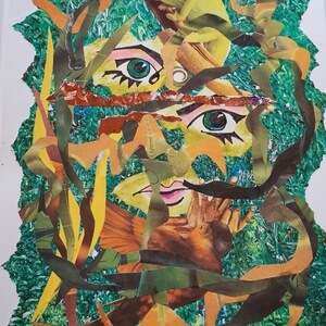 Originele mixed media-collage. 'Voorjaarsopgang'. Unieke kunst van Britse kunstenaar met gerecycled papier, acryl en aquarel op kaart. Niet ingelijst. A4