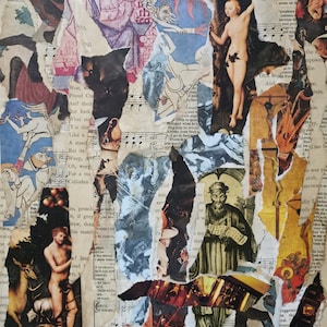 Collage artistico su tavola realizzato nel Regno Unito. Carta vintage con tecniche miste ricavata da libri d'epoca salvati dalla discarica originale.