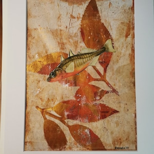 Stampa artistica originale di Gelli con collage e cornice. Creata nel Regno Unito con tecnica mista e carte di libri d'epoca recuperate dalla discarica dello spinarello.