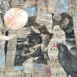 Crow Moon Collage Opera d'arte realizzata utilizzando carte ricavate da stampe gelli, carte riciclate, recuperate da libri destinati alla discarica.