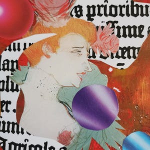 Mixed media-collage. MOULIN-MUSE. Klein origineel uniek kunstwerk op kaart. 20 x 20 cm Gemaakt door een Britse kunstenaar. Niet ingelijst