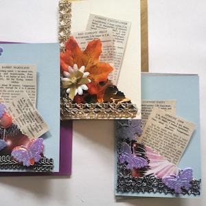 Colagem 3D 3 x Cartões de felicitações de aniversário feitos à mão estilo retro vintage com cartões de receitas removíveis, decoração floral, cartões originais exclusivos