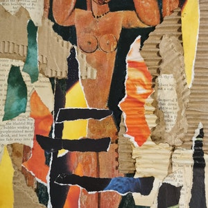 Collage artistico su tavola realizzato nel Regno Unito. Carta vintage con tecniche miste da libri d'epoca salvati dalla discarica. Tema Modigliani originale e unico.