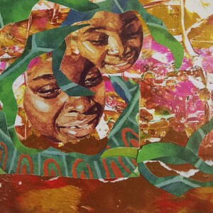 Mixed media collagekunst. Over ons waken. Kleine originele unieke collage op kaart met zwart passe-partout. Gemaakt door een Britse kunstenaar. Niet ingelijst
