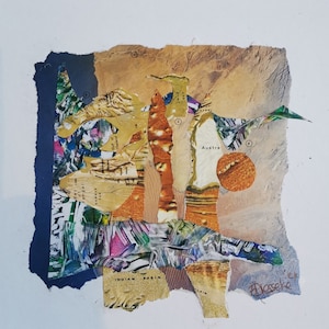 Mixed media-collage. Australië. Klein origineel uniek kunstwerk op kaart met zwart passe-partout. Gemaakt door een Britse kunstenaar. Geweldig verjaardagscadeau zonder lijst