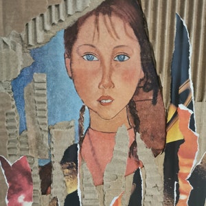 Collage artistico su tavola con tema Modigliani realizzato nel Regno Unito. Tecniche miste. Carte vintage da libri d'epoca salvati dalla discarica. Codini.