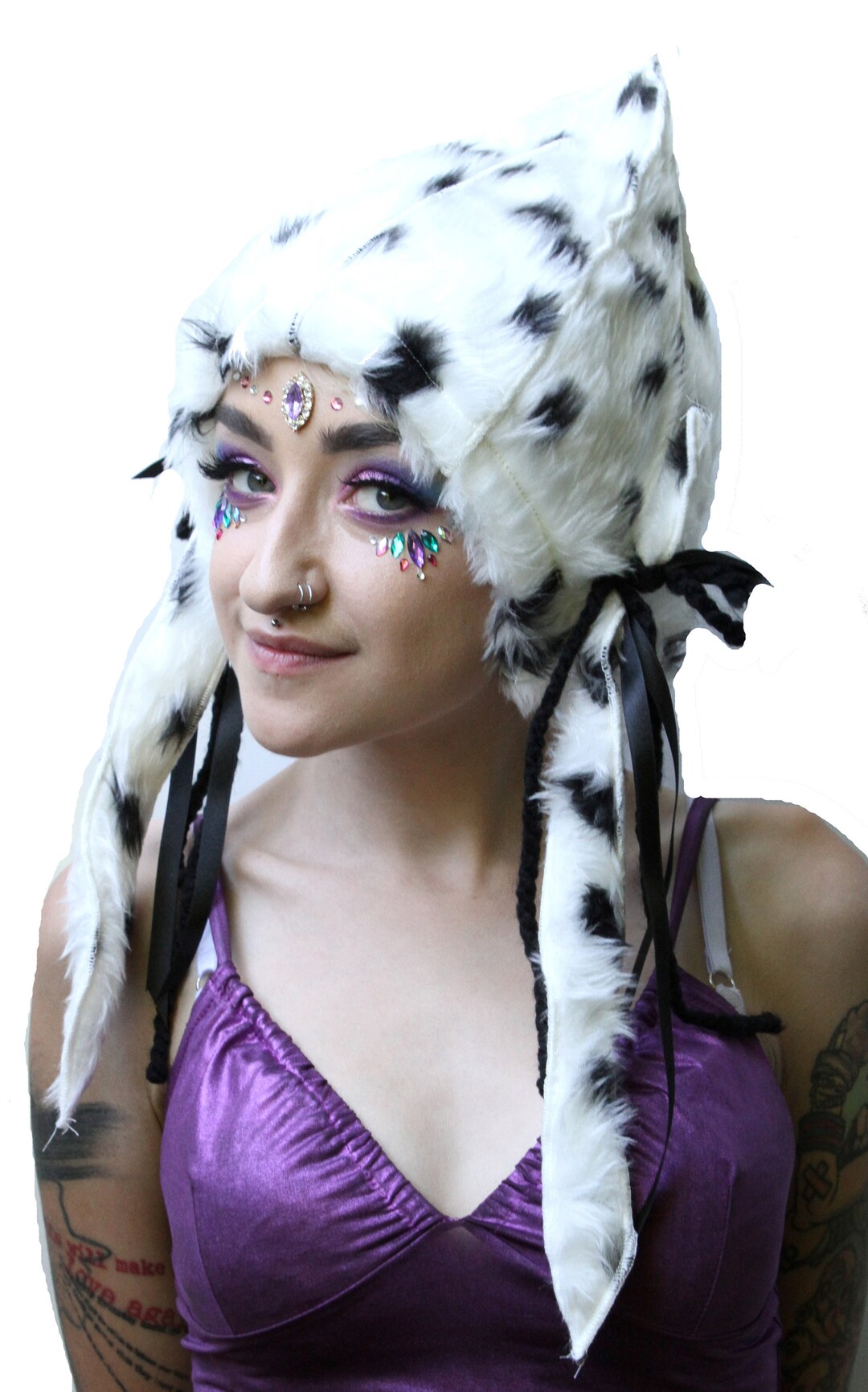 Pixieelfin Hat Faux Fur Fluffy White Spot Pointy Fairy Psytrance Grunge