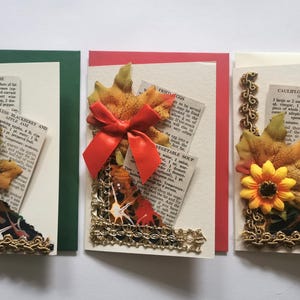 Cartões de felicitações exclusivos de colagem de aniversário x conjunto de 3 feitos à mão com cartões de receitas vintage, florais, retrô. original diferente. Kitsch de cozinha