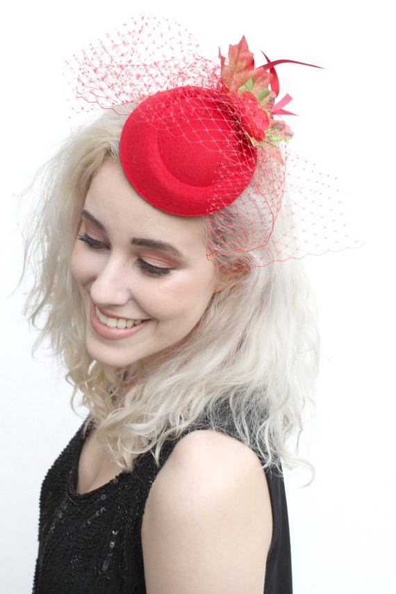 Floral Net Veil Red Mini Side Hat 1950s 