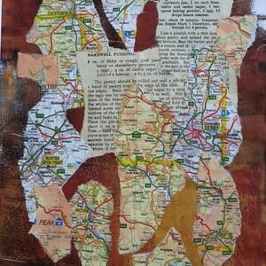 Derbyshire,Bakewell, Original Collage/GelliArt Created in UK using Mixed Media with map recipes from vintage books saved from landfill