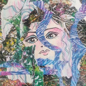 Collage de técnica mixta. Arte original y único con papeles reciclados sobre cartulina. Sin marco. Niña perdida. Regalo de cumpleaños o Navidad para amantes del arte