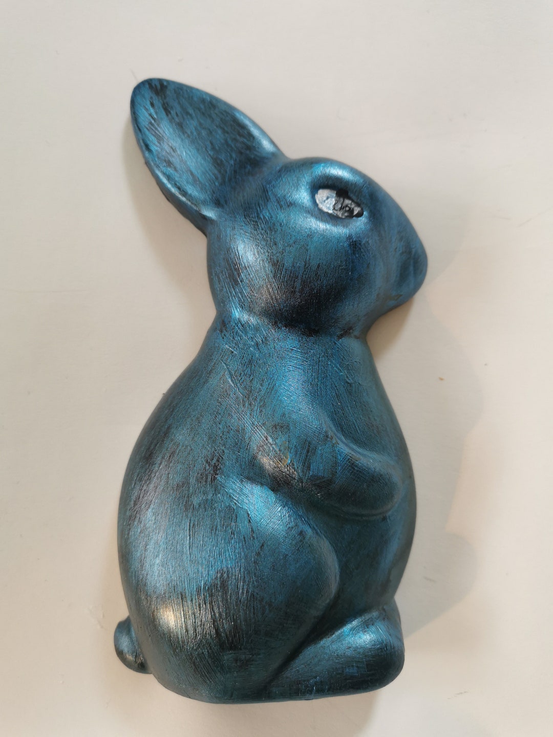 Kitsch Shiny Rabbit Kitsch Rabbit Wall Plaque: Vintage Look Blue Metallic Plaster, Handmade ...