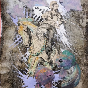 Os porcos voam...em seus sonhos! Colagem original em cartão com fundo acrílico e papéis reciclados. Mídia mista. Arte única Artista britânico.
