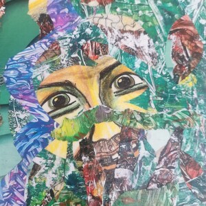 Collage technique mixte. Oeuvre d'art originale et unique utilisant des papiers recyclés sur carte. Sans cadre. Esprit des bois. Cadeau d'anniversaire ou de Noël pour amateur d'art