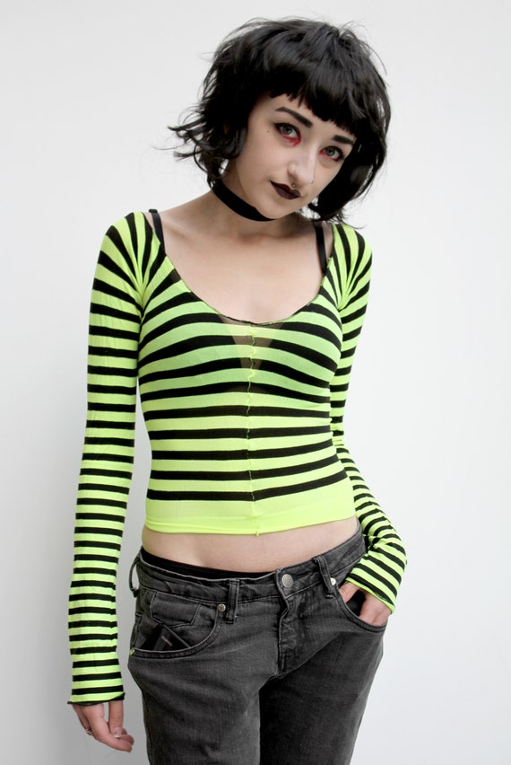 1990s Goth UV Green Black Stripe Crop Tights Top Witch Grunge Alt Gothic  Nancy Halloween 