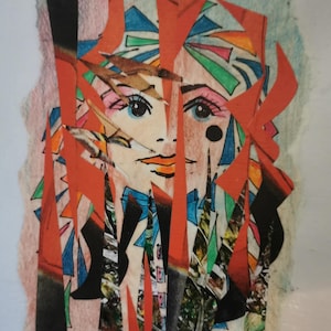 Collage technique mixte. Oeuvre d'art originale et unique utilisant des papiers recyclés sur carte. Sans cadre.  Perdu dans la galerie. Cadeau d'anniversaire ou de Noël pour amateur d'art