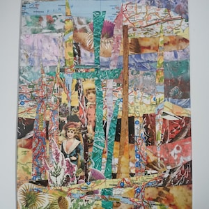 Mapscape. Collage artistico realizzato con carte da stampe gelli, carte riciclate, mappe salvate da libri destinati alla discarica. Glasgow, Greenock,