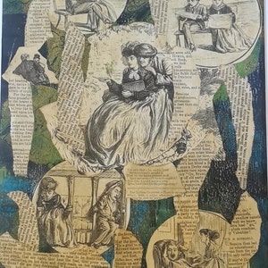 Collage d'arte, carte vintage su stampa GelliArt con cornice. Creato con tecnica mista britannica utilizzando carte riciclate da libri invecchiati, artista britannico.