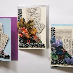Arte de colagem exclusiva 3 x cartões de felicitações artesanais com cartões de receitas de culinária vintage, decoração floral, cartões de aniversário 3D Design exclusivo original
