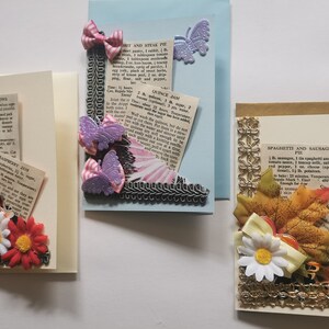 Collage 3D único de cumpleaños y agradecimiento. 3 tarjetas de felicitación hechas a mano con recetas antiguas, tarjetas originales realizadas por un artista del Reino Unido.